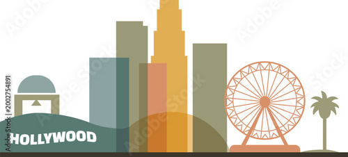 Hollywood skyline illustration with ferris wheel and palm tree in flat design style with iconic