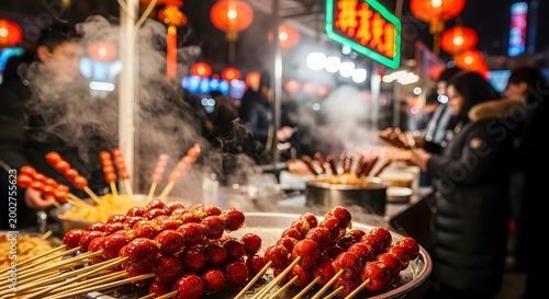 Traditional Chinese Candied Hawthorn Skewers at Night Market.