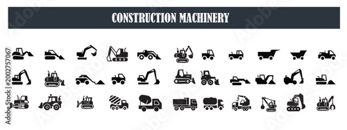 A collection of solid black icons showing various types of heavy duty construction machinery