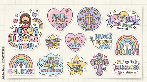 Cute Christian sticker vector collection with Jesus quotes, hearts, crosses, stars, playful hand lettering, pastel y2k aesthetic