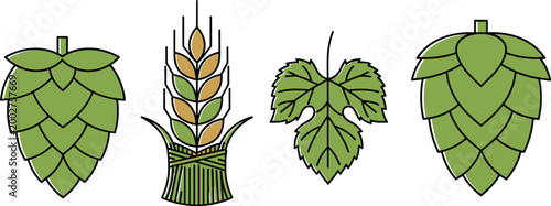 Illustrations of Hops, Wheat, and Leaf Designs for Brewing, Beer, and Organic Agriculture Digital and Graphic Media