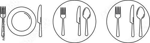 Minimalist Plate and Cutlery Icon Set for Dining, Restaurant, and Table Settings Designs