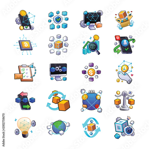 Blockchain Network Cryptocurrency Technology Icon Illustration Set