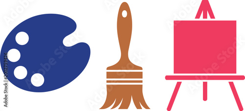 Art tools icons set with palette paintbrush and easel vector illustration for creative projects