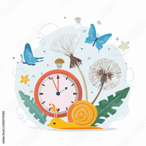 Whimsical illustration of time passing with nature elements