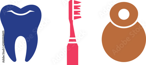 Dental health icons set with blue tooth pink toothbrush and brown floss flat vector graphics style