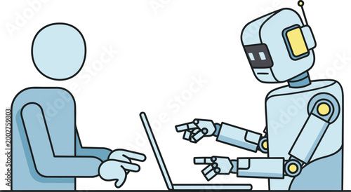 Robot and human collaborating on a laptop computer together in a meeting