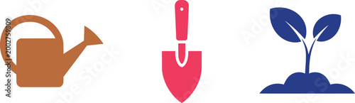 Gardening equipment icons set with watering can shovel and seedling plant for organic gardening