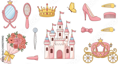Princess and Royal Accessories Icon Set Featuring Castle, Crown, Shoes, Mirror, and Beauty Items for Fairytale, Fantasy, and Princess Designs