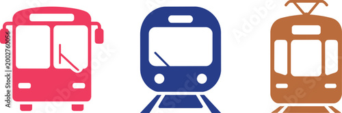 фотографія Public transport icons set representing bus train and tram in flat colorful vect