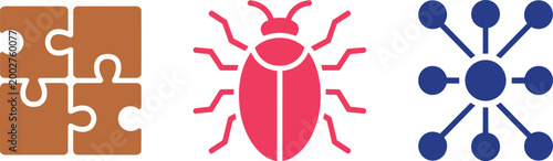 Puzzle bug and network icons set representing software development debugging and connectivity web