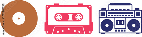 Retro music equipment icons set with vinyl record cassette tape and boombox vector illustration