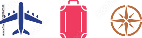 Travel and navigation icons set representing airplane luggage and compass flat vector for tourism