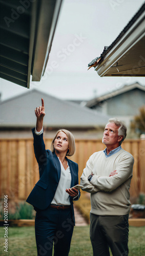 Professional insurance claims adjuster pointing out severe exterior gutter damage to a visibly frustrated senior homeowner dreading the repair costs.