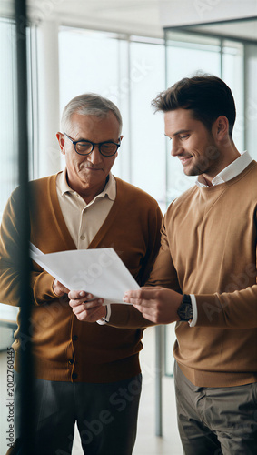 Retiring founder and young successor sharing a moment of quiet mutual satisfaction while jointly reviewing a finalized business handover agreement.