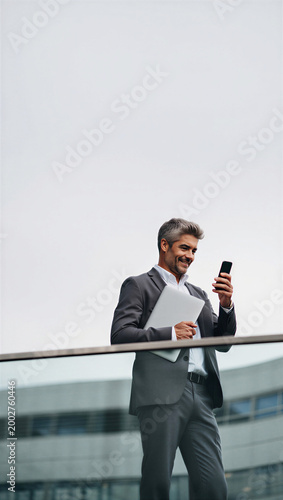 Seasoned sales director reading a successful deal closure text while transiting across an outdoor corporate walkway.