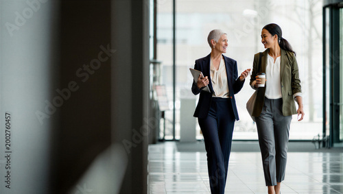 Senior executive warmly celebrating a major team victory with her younger protege during a dynamic morning walk-and-talk.