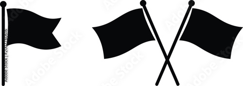 Pirate flag icon set, black skull and crossbones flags in varied styles isolated on white background for nautical theme adventure and classic design use.