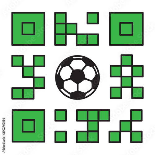 Flat linear icon of a qr code with green elements and a soccer ball. Modern football sport technology concept with colored fill and editable stroke. Vector graphic design.