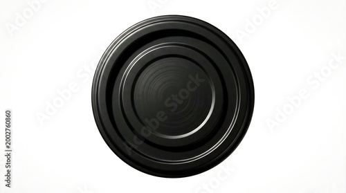 Black round lens cap on white background.