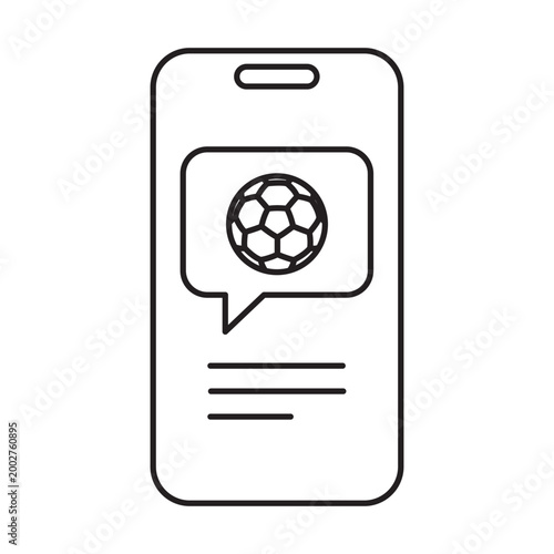 A linear vector icon of a soccer ball inside a chat bubble on a mobile phone screen featuring editable stroke in a clean modern style for sport and digital communication themes.