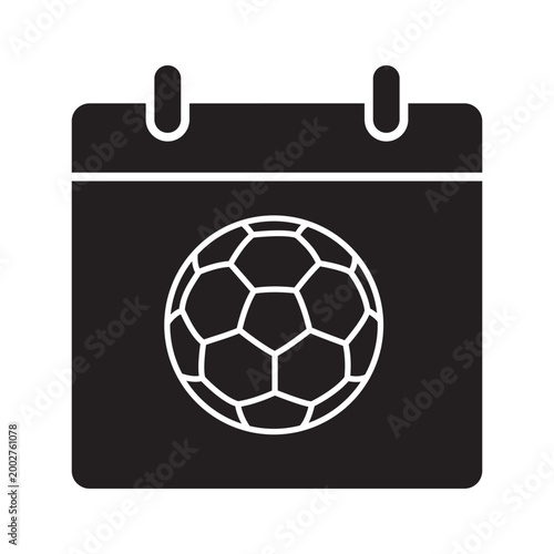 Solid black icon of a calendar page with a soccer ball. Silhouette concept of sport game schedule, football tournament event and match day planning.