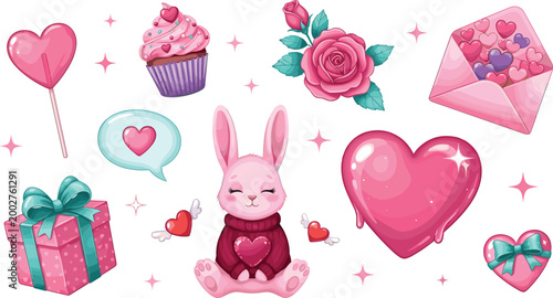 Valentine’s Day Icon Set Featuring Bunny, Hearts, Cupcakes, Roses, and Gifts for Love, Romance, and Celebration Designs