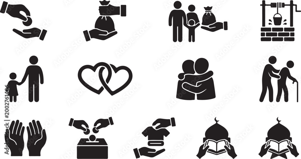 Obraz premium Charity Donation Silhouette Vector Icon Set with Zakat Islamic Help Support Giving Symbols