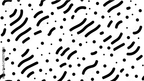 Abstract seamless pattern creating a dynamic maze with dashed lines and scattered dots. Abstract black and white geometric dashed pattern