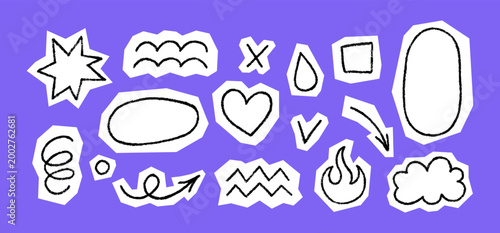 Crayon doodle scrapbook elements. Hand drawn cutout collage stickers. Collage oval, arrow, star and heart. Paper scrapbook vintage shape crayon texture. Kid sketch drawing. Vector pencil illustration.