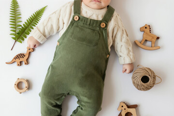 Baby wears cozy knit cream sweater and olive green corduroy overalls. Wooden dinosaur rocking horse toys and fern leaves arranged on white background. Natural organic toddler clothing.