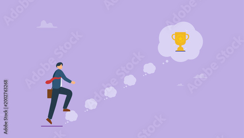 Businessman climb up dream bubbles stairway to reach trophy. Motivation and career advancement opportunity concept. Ladder of success, business target, growth or growing career path.