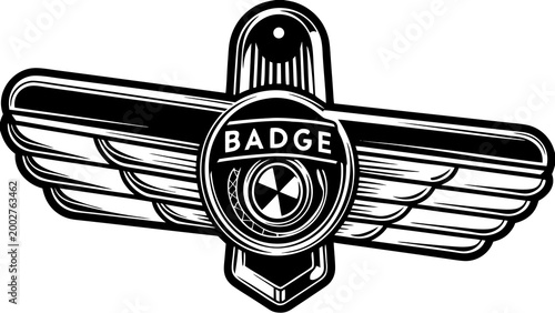 Retro winged badge with central emblem retro futuristic graphic resource logo element illustration aviation heraldry insignia decoration monochrome geometric abstract decorative ornament