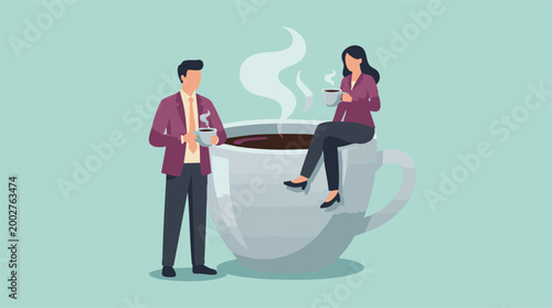 Business colleagues enjoying coffee break with a giant mug illustration