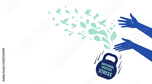 Hands releasing a weight labeled 'Emotional Baggage Stress' into a stream of birds and leaves.