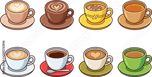 Set of various coffee cups with latte art and espresso isolated on white background, vector illustration