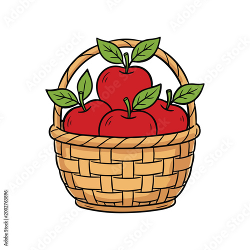 Woven wicker basket filled with five red apples with green leaves symbolizing harvest freshness healthy eating and rustic tradition