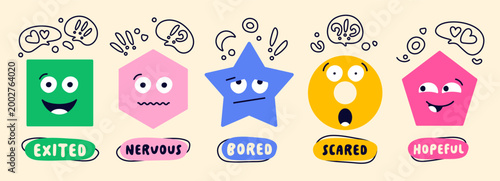 Geometric figure face emotions. Playful geometric shapes. Square, hexagon, star, circle, pentagon, showing excited, nervous, bored, scared, and hopeful expressions with fun speech bubbles.
