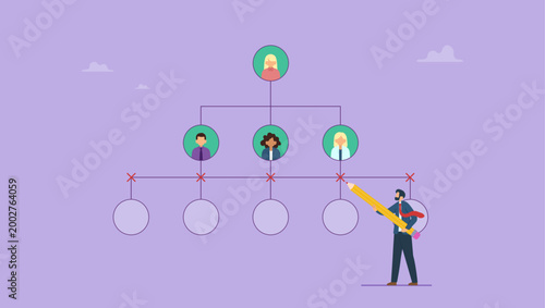 Businessman using a pencil draw a cross or X mark cut job from organization chart. Downsizing or layoff employee, contract termination, dismissal workforce, restructure company concept.