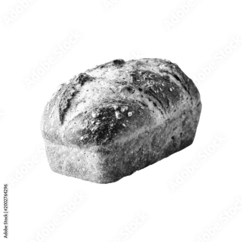 Halftone dotted bread loaf illustration in monochrome minimal style, representing bakery, food, homemade baking and nutrition concept isolated on white background.