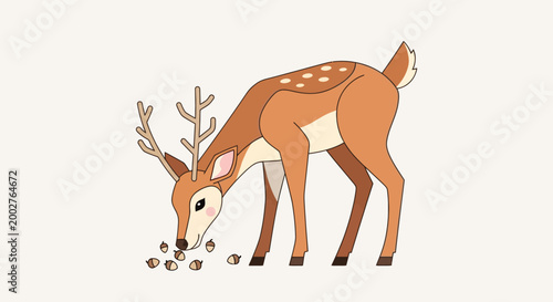 Cute cartoon deer eating acorns on a plain background vector illustration