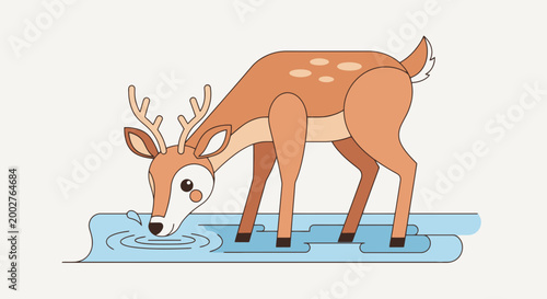 Cute cartoon deer drinking water from a puddle flat vector illustration simple style
