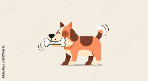 Cute cartoon dog carrying a bone with wagging tail illustration