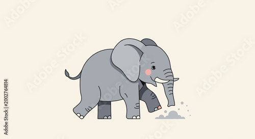 Cute cartoon elephant walking and kicking up dust isolated vector illustration