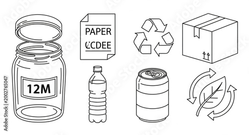 Collection of recyclable materials and symbols for environmental awareness.