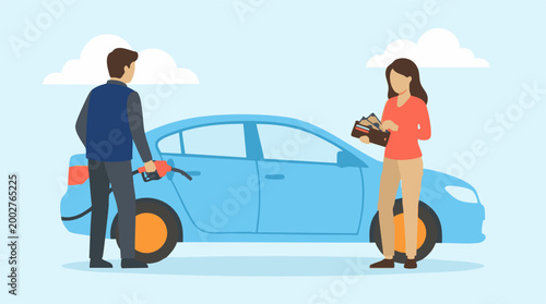 Couple at gas station, man fueling car while woman holds money