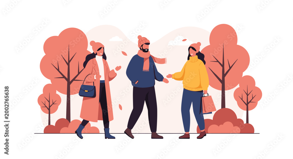Obraz premium Three friends meeting and shaking hands in park with beautiful autumn trees and falling leaves in soft pink and orange.