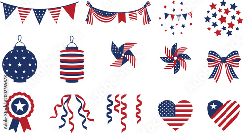 Patriotic american independence day icons and symbols red white and blue colors festive decorations