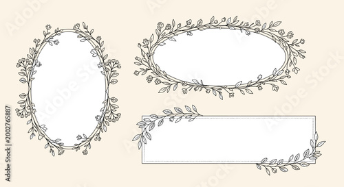 Collection of elegant hand drawn oval and rectangular floral frames with delicate leaves and flowers in sketch style.