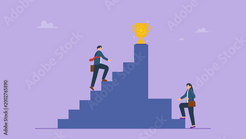 Businessman and businesswoman standing in front of different size staircases. Gender inequality and unfair competition, different career opportunities concept.